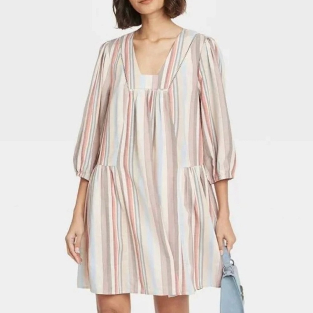 Knox Rose Linen Blend Boho Multicolored Stripe Babydoll Mini Dress Womens Sz L